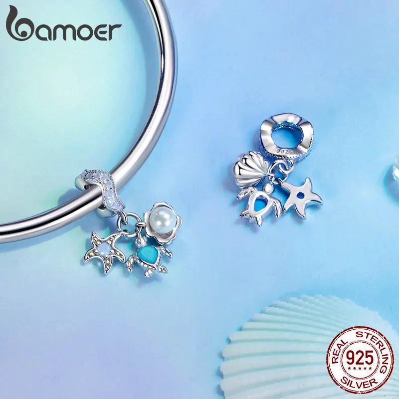 BAMOER 925 Sterling Silver Blue Ocean Charms for Bracelets, Starfish Whale Seashell DIY Beads Charm Jewelry Gifts for Women