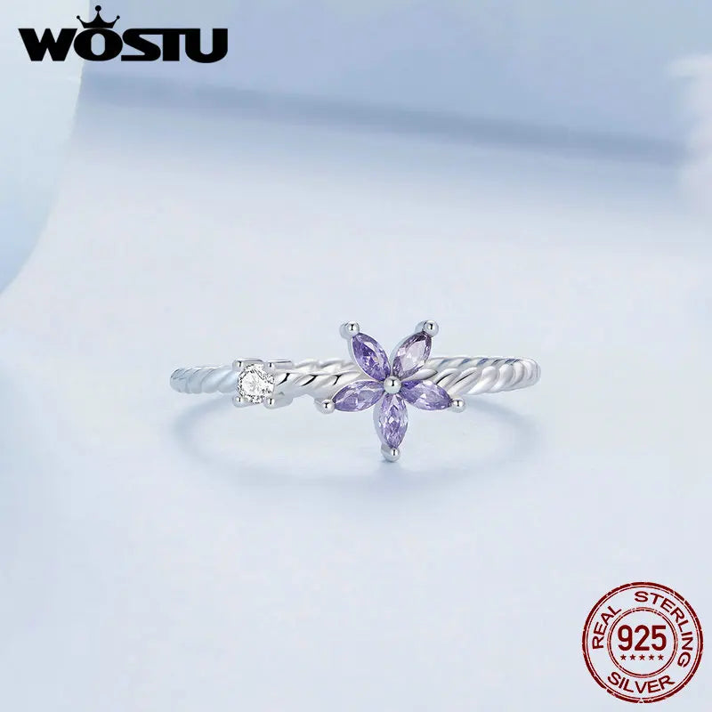 WOSTU Real 925 Sterling Silver Exquisite Shiny Purple Flower Shaped Crystal Ring with Dazzling AAA Cubic Zircon Dainty Rings