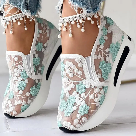 Summer Blossoms 2024: Floral Embroidered Mesh Platform Wedges for Women