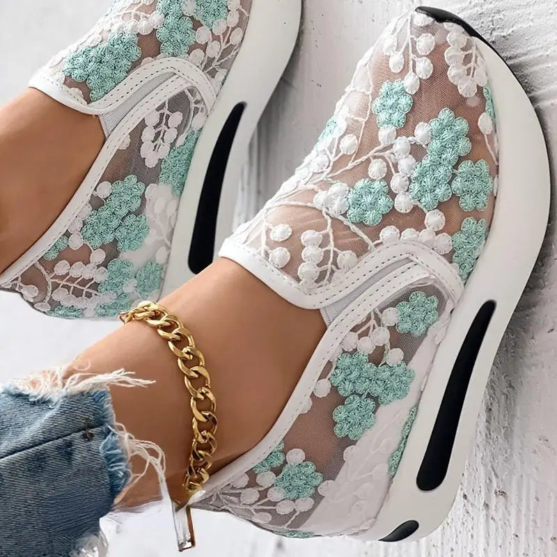 Summer Blossoms 2024: Floral Embroidered Mesh Platform Wedges for Women