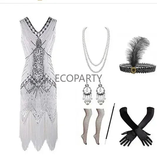 2023 New Spring 1920s Flapper Dress Vintage Style Great Gatsby Party Evening Sequins Fringed Dresses Gown Dress with 20s Accessories 6-PCS Set