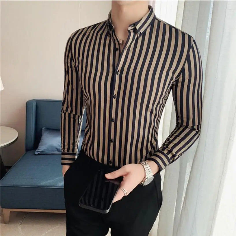 2024 Spring Shirts Men Dress Vertical Stripe Shirts Slim Men Casual Long Sleeve Shirt Male Chemise Homme Tuxedo Shirt