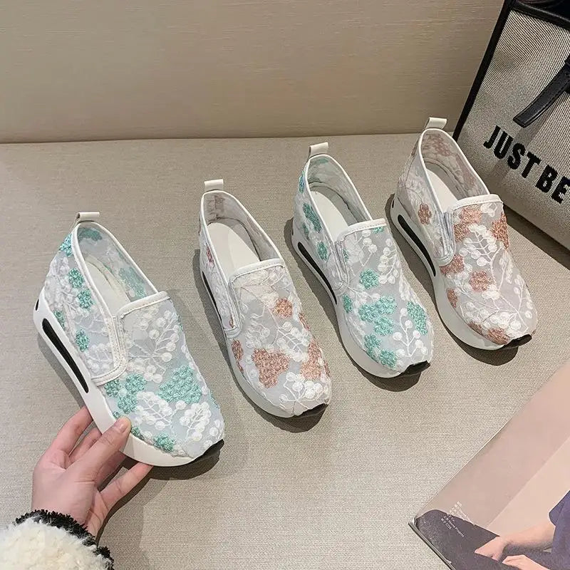 Summer Blossoms 2024: Floral Embroidered Mesh Platform Wedges for Women