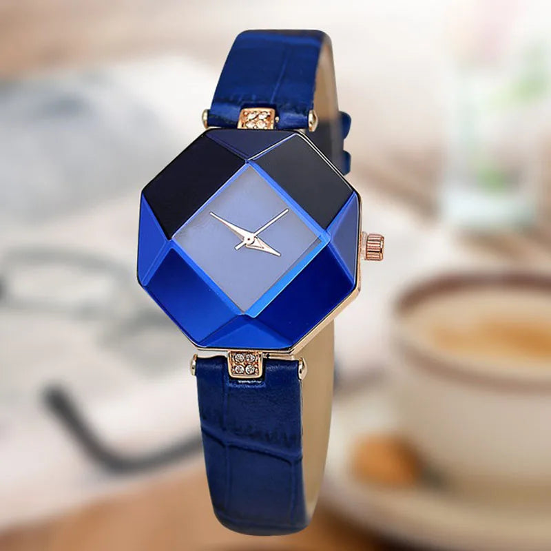 Fashion Exquisit Gem Cut Geometry Watch Women Blue Watches Leather Band Analog Quartz Wristwatches Ladies