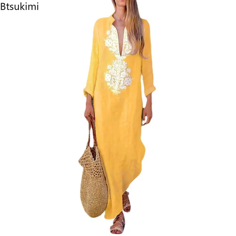 Spring Summer Dresses for Women Cotton Linen Long Sleeve V-neck Dress Split Hem Baggy Kaftan Long Dress for women