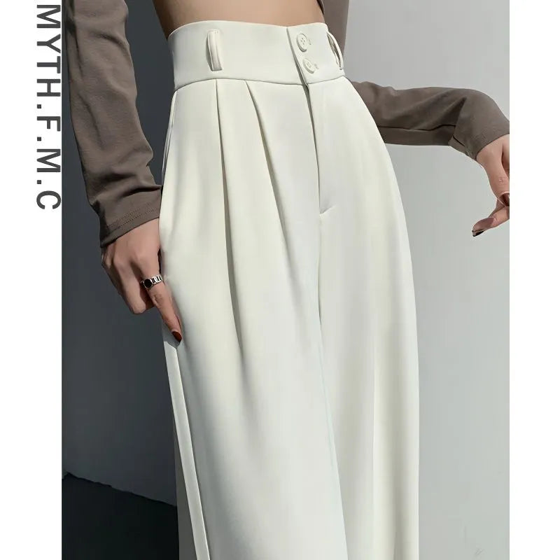 2024 New White Suits Pants Women: High Waisted Wide Leg Fashion Straight Baggy Pants Drooping Style Black Trousers Women