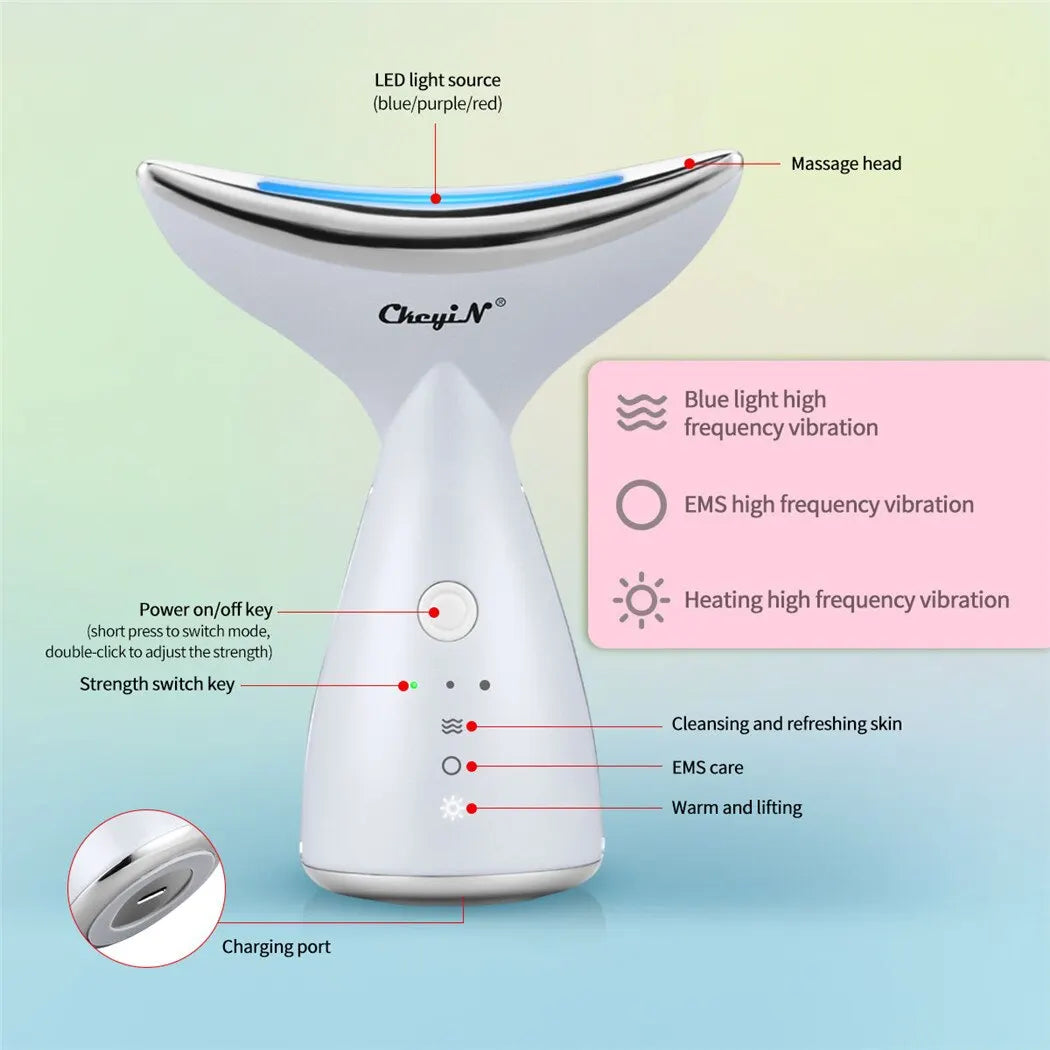 CkeyiN EMS Neck Face Lifting Machine 3 Color LED Photon Therapy Vibration Face Tightening Slimming Anti Wrinkle Massager