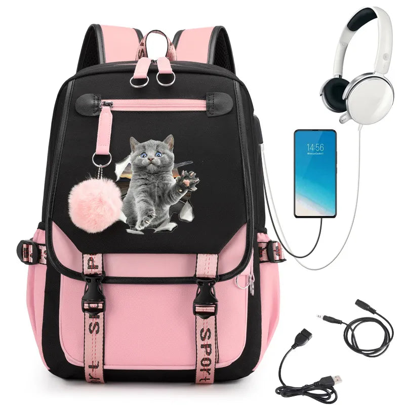 Women School Backpacks Schoolbag Kawaii Cat Print Bagpack for Teenagers Girls Student College Book Bag Satchel Bolsas Mochilas