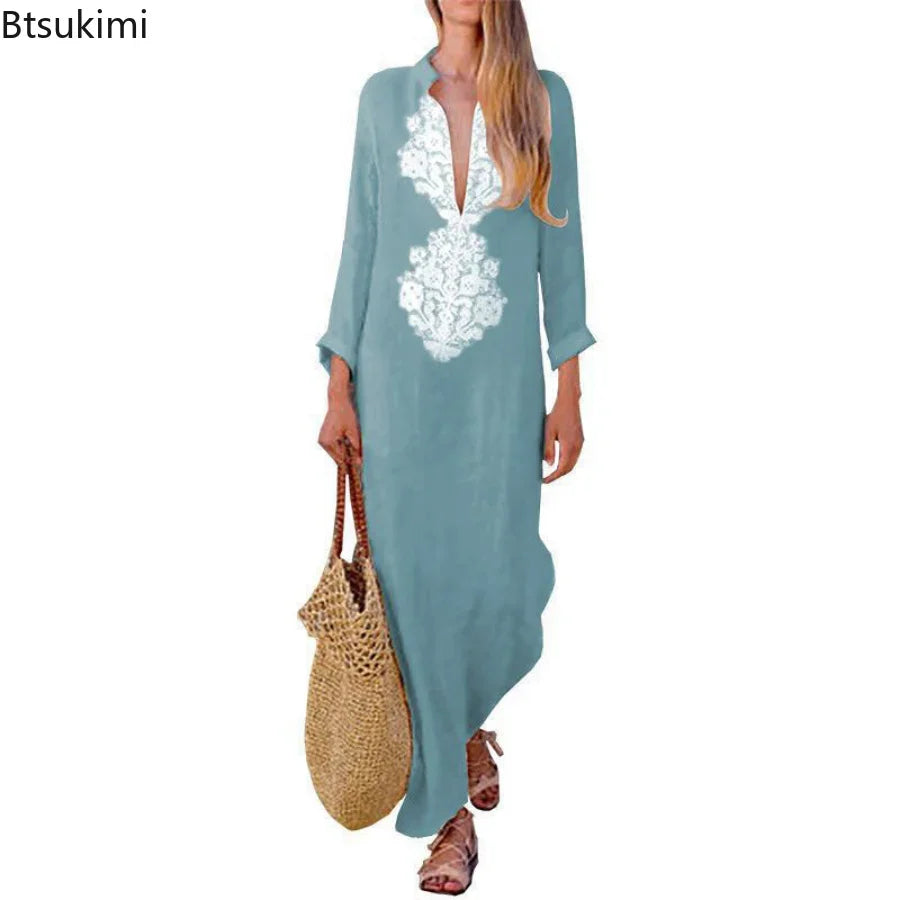 Spring Summer Dresses for Women Cotton Linen Long Sleeve V-neck Dress Split Hem Baggy Kaftan Long Dress for women