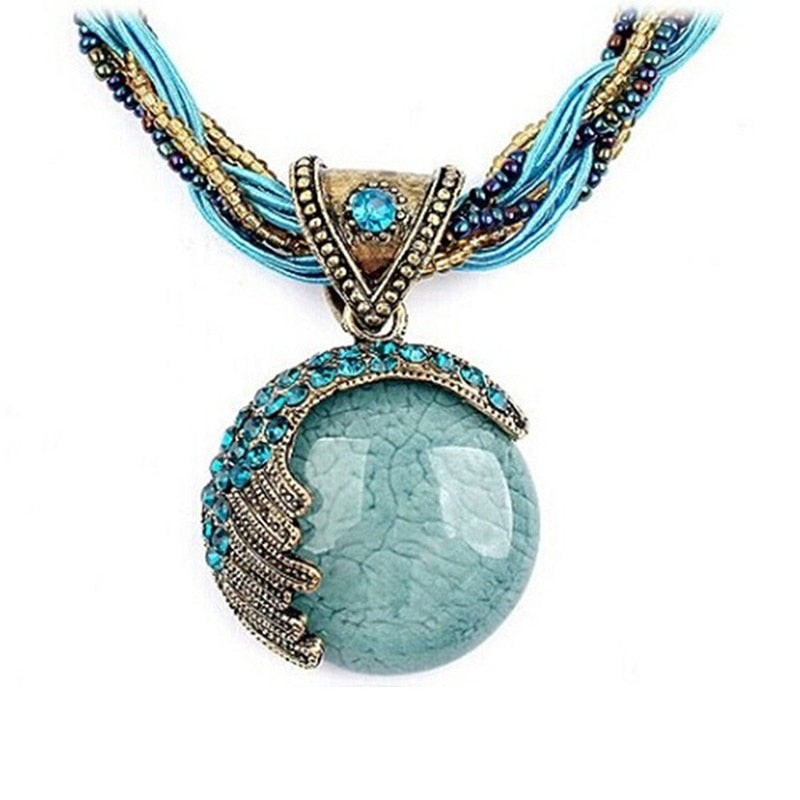 Bohemian Statement Beaded Vintage Jewelry Turquoise Rhinestone Vintage natural stone Necklace for Women Pendent Collar Necklace