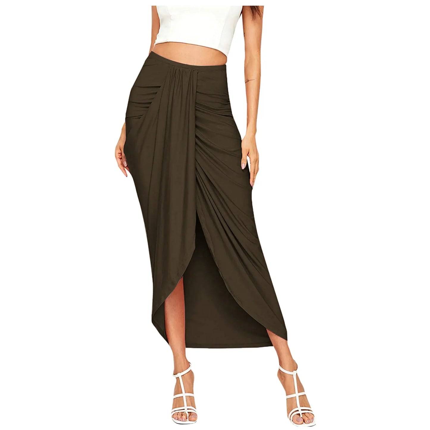 New Fashion Long Skirts For Women Casual Slit Wrap Asymmetrical Elastic High Waist Solid Pleated Skirts For Women