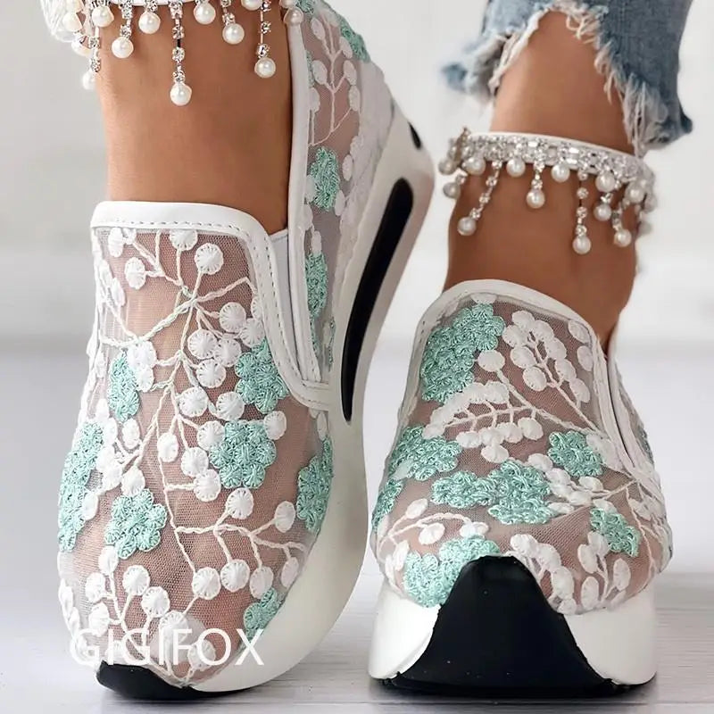 Summer Blossoms 2024: Floral Embroidered Mesh Platform Wedges for Women