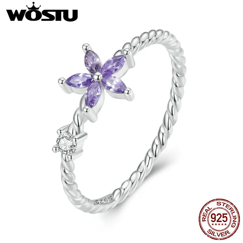 WOSTU Real 925 Sterling Silver Exquisite Shiny Purple Flower Shaped Crystal Ring with Dazzling AAA Cubic Zircon Dainty Rings