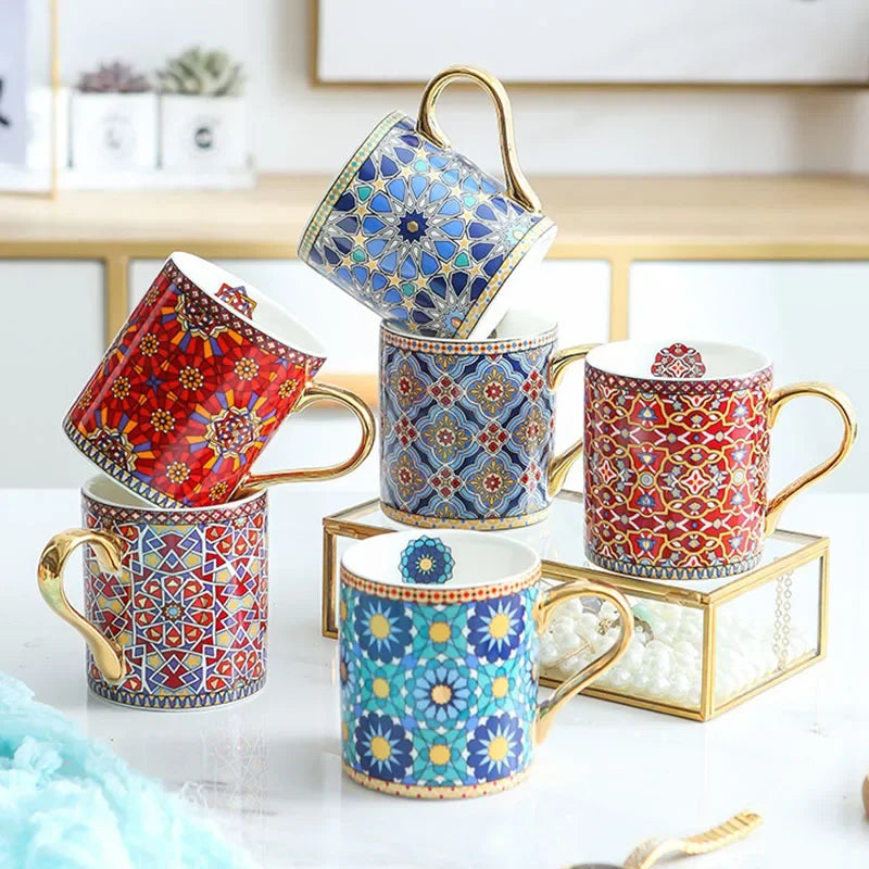 Moroccan Style Coffee Mug with Gold Handle Vintage Texture Ceramic Tea Cup Breakfast milk Cup for Couple Wedding Gift 300ml