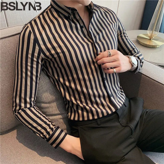 2024 Spring Shirts Men Dress Vertical Stripe Shirts Slim Men Casual Long Sleeve Shirt Male Chemise Homme Tuxedo Shirt