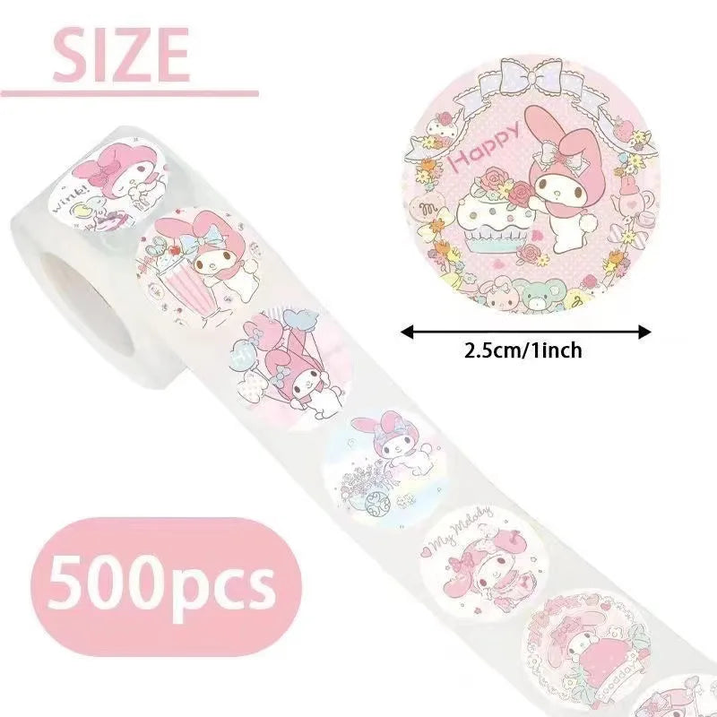 500pcs/Roll Cartoon Sanrio Stickers Kawaii Hello Kitty Kuromi Melody Diy Pvc Laptop Decals Decoration Sticker Kid Reward Gift Toy