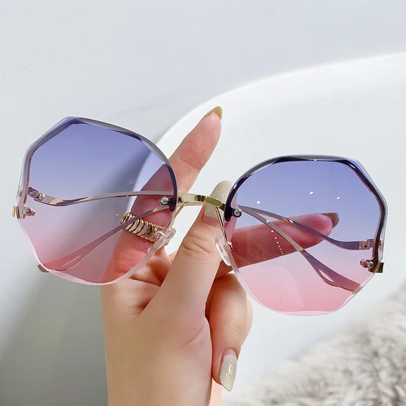 2024 Luxury Round Gradient Sunglasses Women Metal Curved Eyewear Ocean Rimless Fashion Sun Glasses Ladies UV400