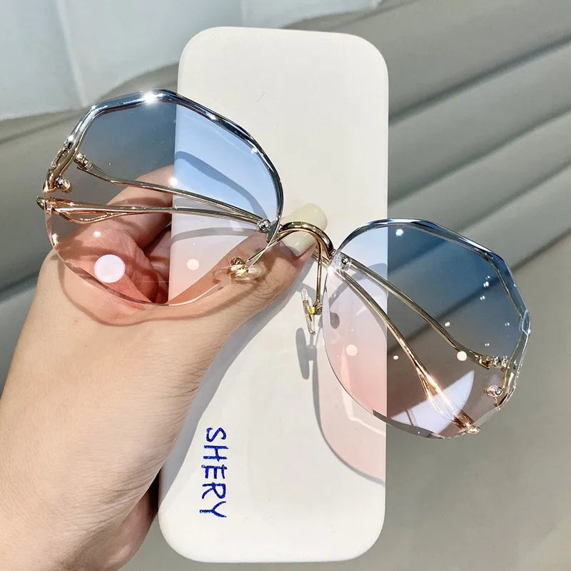 2024 Luxury Round Gradient Sunglasses Women Metal Curved Eyewear Ocean Rimless Fashion Sun Glasses Ladies UV400