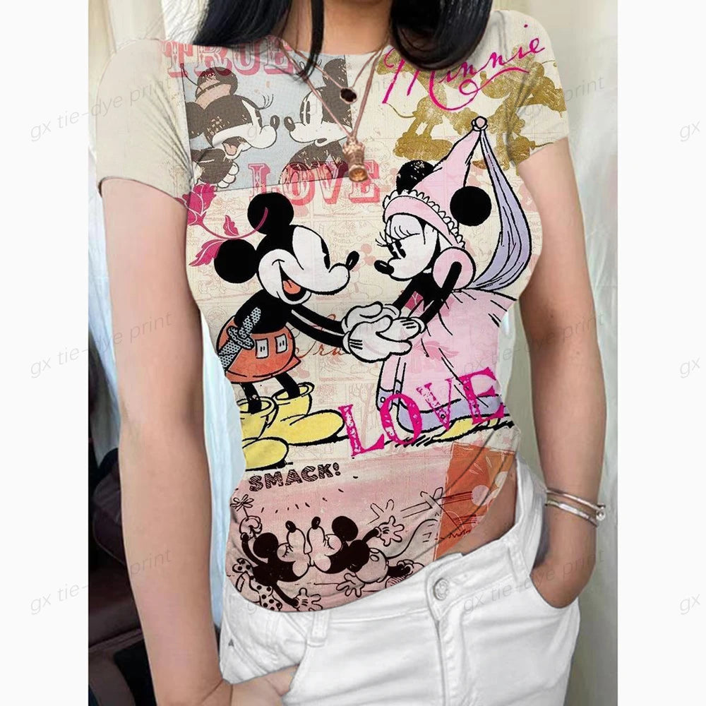 New Girl's T-shirt O Neck Disney Mickey Mouse Print Short Sleeve Female Clothing Streetwear Hip-hop Top Sexy T Shirt