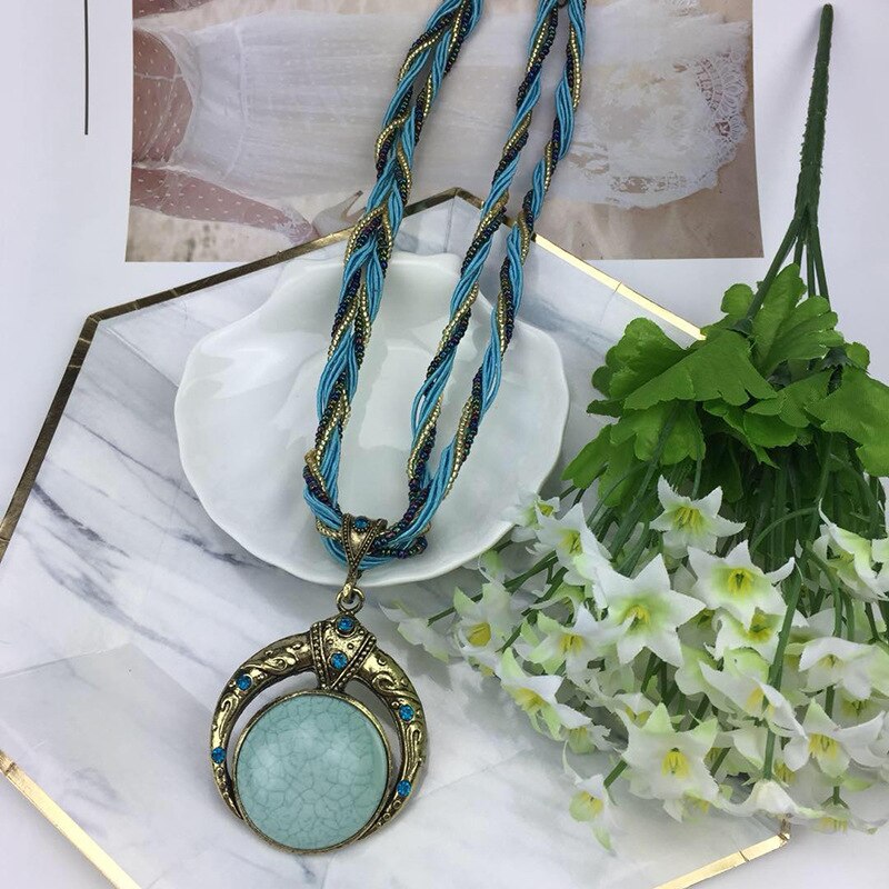 Bohemian Statement Beaded Vintage Jewelry Turquoise Rhinestone Vintage natural stone Necklace for Women Pendent Collar Necklace