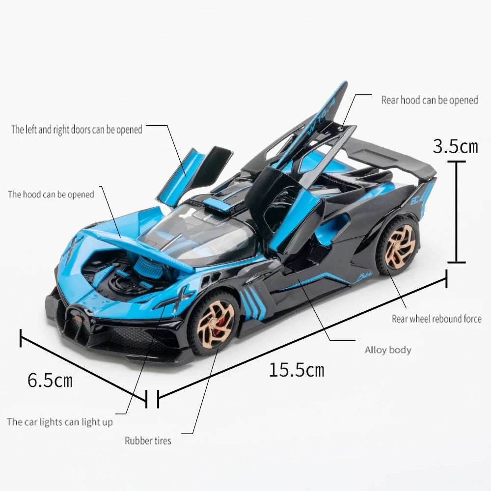 Speed Redefined: 1:32 Bugatti Bolide Alloy Sport Car Model with Sound & Light - The Ultimate Boy's Gift