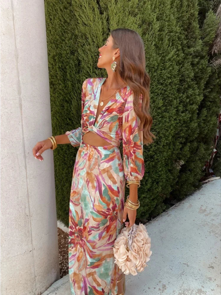 Floral Printed Hollow Out chiffon Long Dresses Women's Sleeves Bodycon cut out Maxi Dresses Chic Lady Prom Gown Robes 2024 new