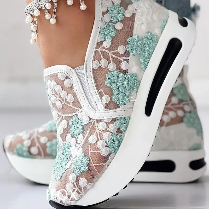 Summer Blossoms 2024: Floral Embroidered Mesh Platform Wedges for Women