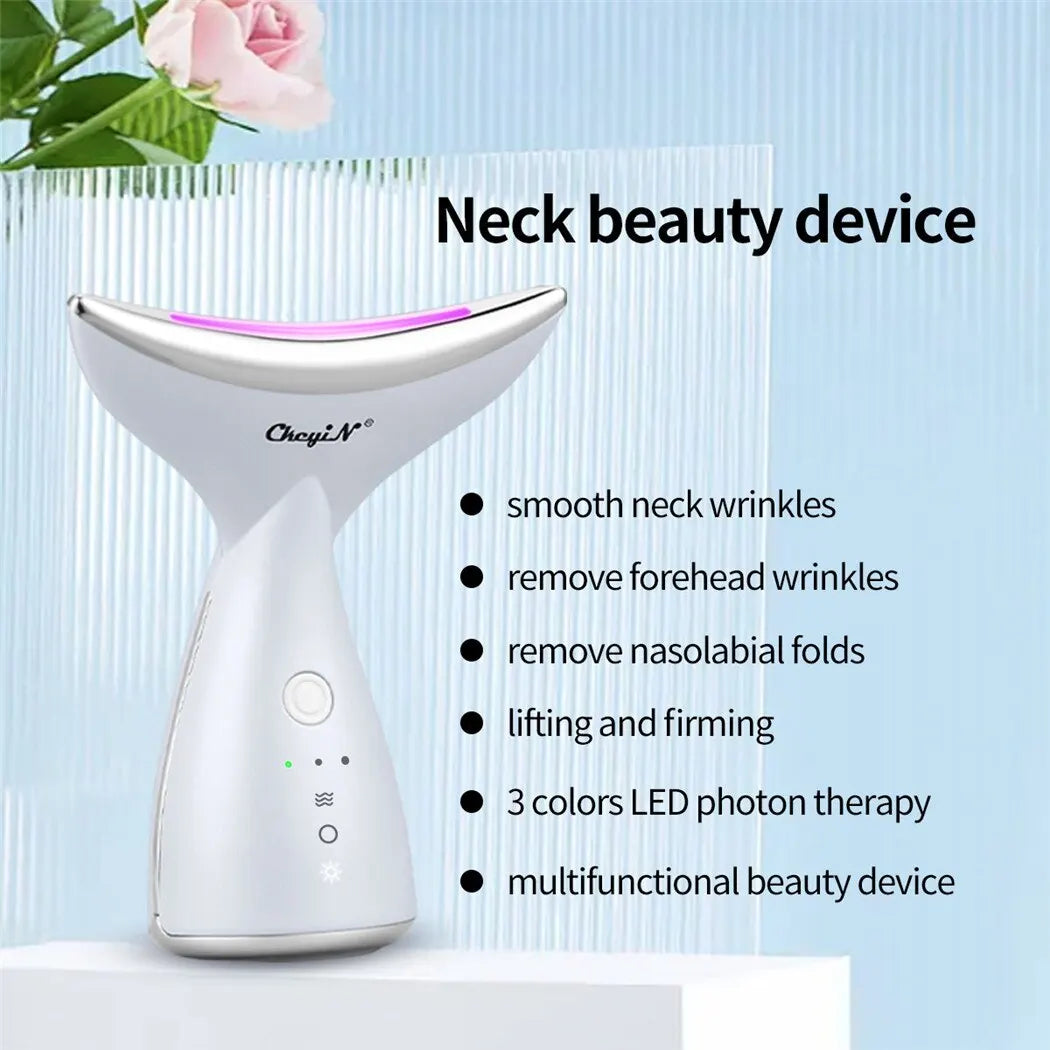 CkeyiN EMS Neck Face Lifting Machine 3 Color LED Photon Therapy Vibration Face Tightening Slimming Anti Wrinkle Massager