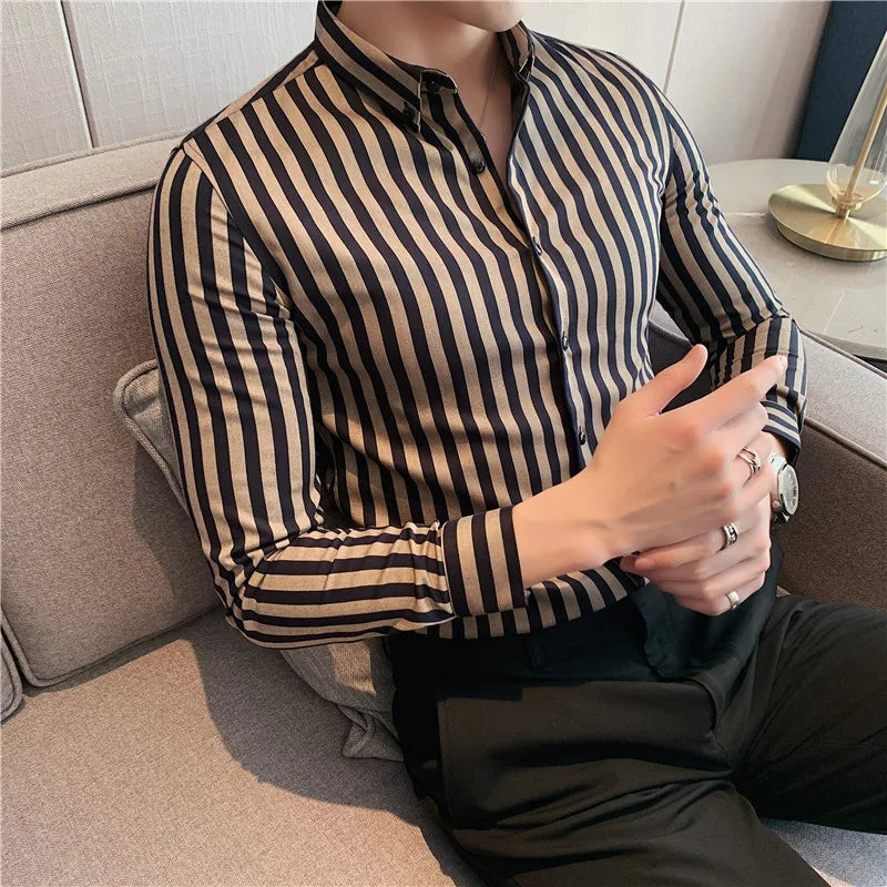 2024 Spring Shirts Men Dress Vertical Stripe Shirts Slim Men Casual Long Sleeve Shirt Male Chemise Homme Tuxedo Shirt