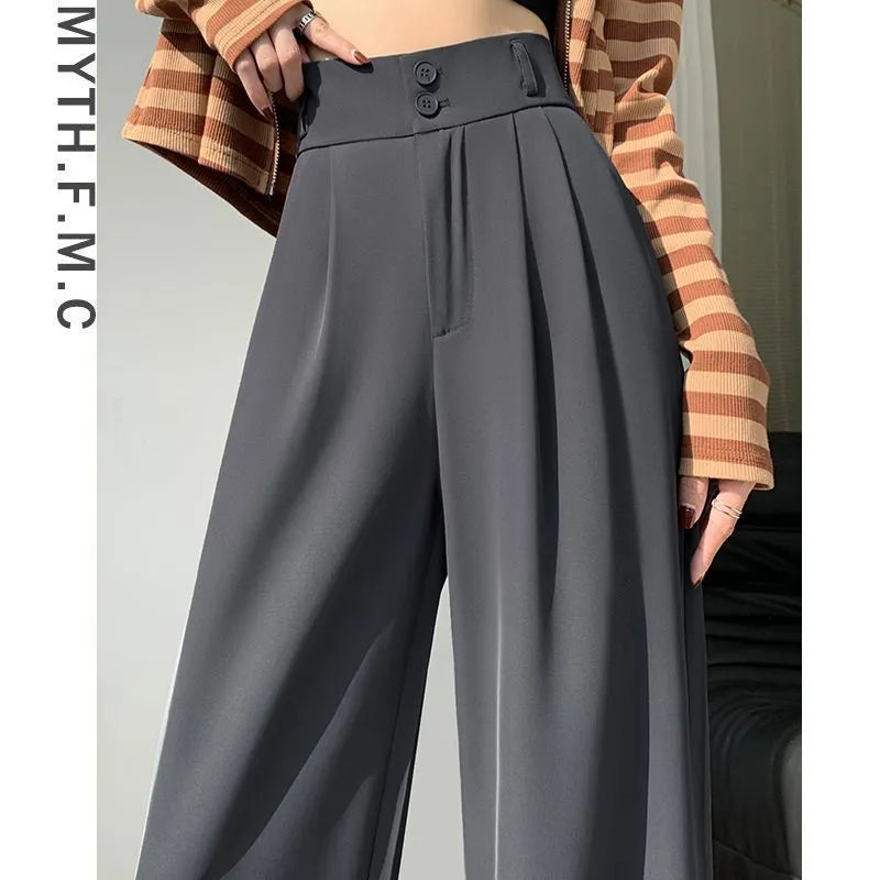 2024 New White Suits Pants Women: High Waisted Wide Leg Fashion Straight Baggy Pants Drooping Style Black Trousers Women