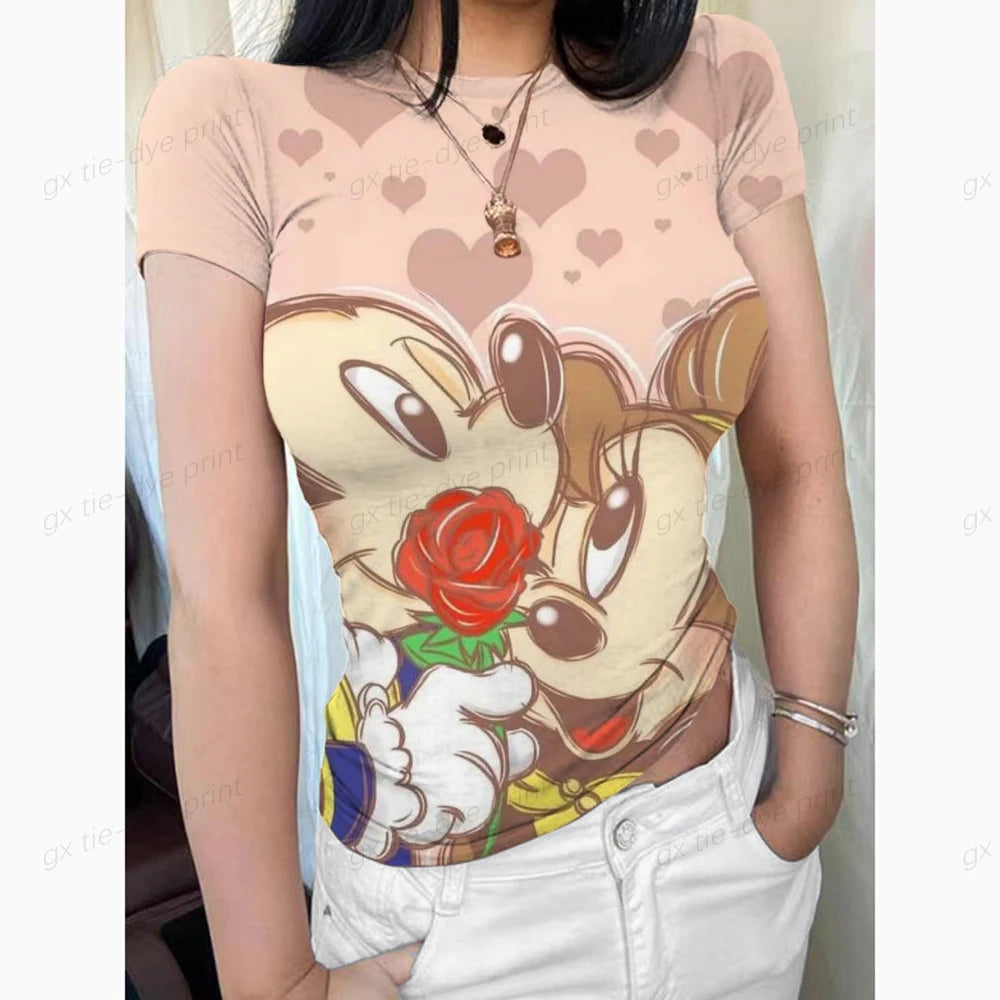 New Girl's T-shirt O Neck Disney Mickey Mouse Print Short Sleeve Female Clothing Streetwear Hip-hop Top Sexy T Shirt