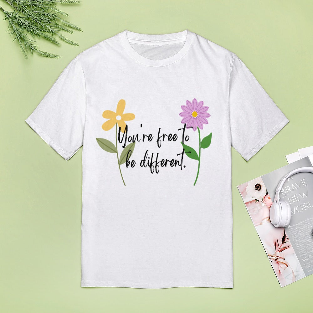 Motivational Flower Print T-Shirt "You are free to be different"