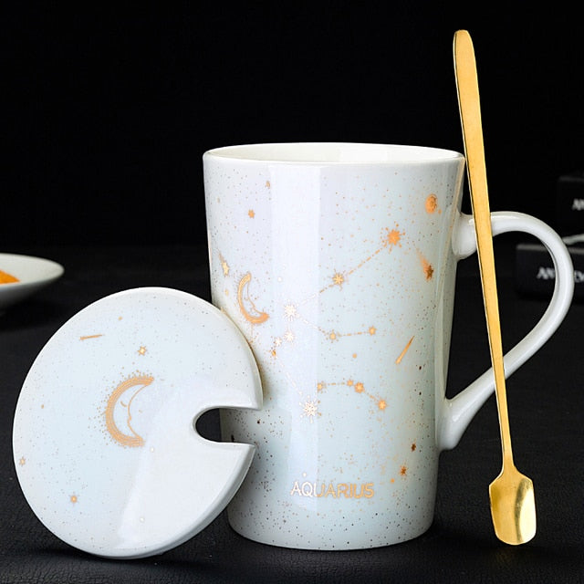 12 Constellations Creative Mugs With Golden Spoon and Lid in White, Dark Blue and Black 420 ml