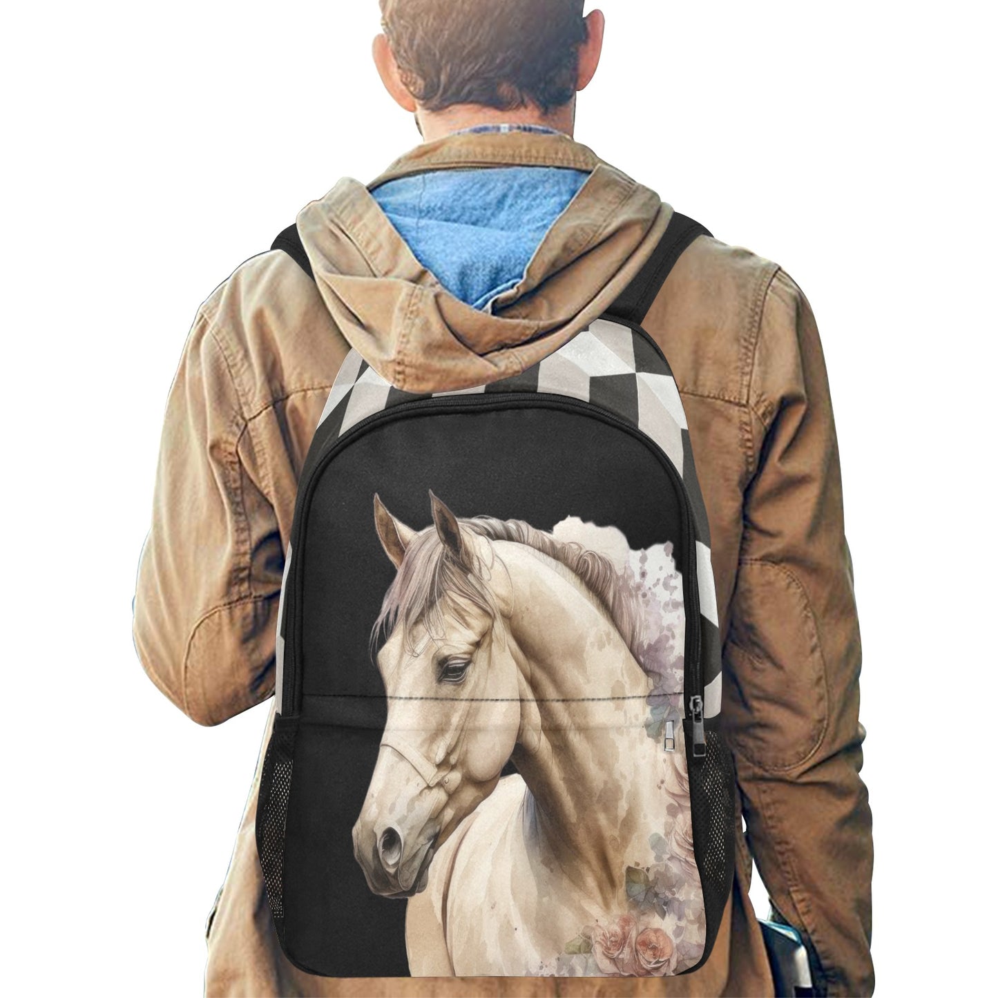 Horse Portrait Fabric Backpack with Side Mesh Pockets (1659)