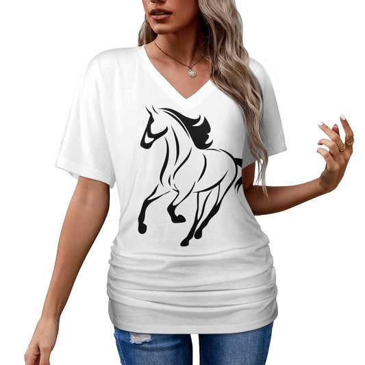 V-Neck Pleated  White T-Shirt for Women with Horse Design