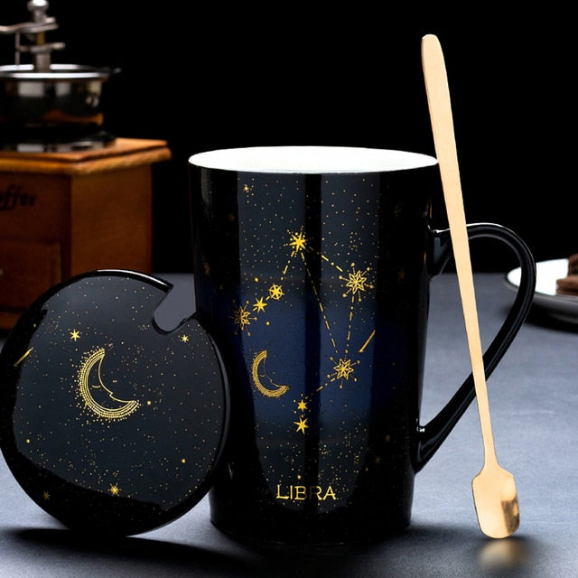 12 Constellations Creative Mugs With Golden Spoon and Lid in White, Dark Blue and Black 420 ml