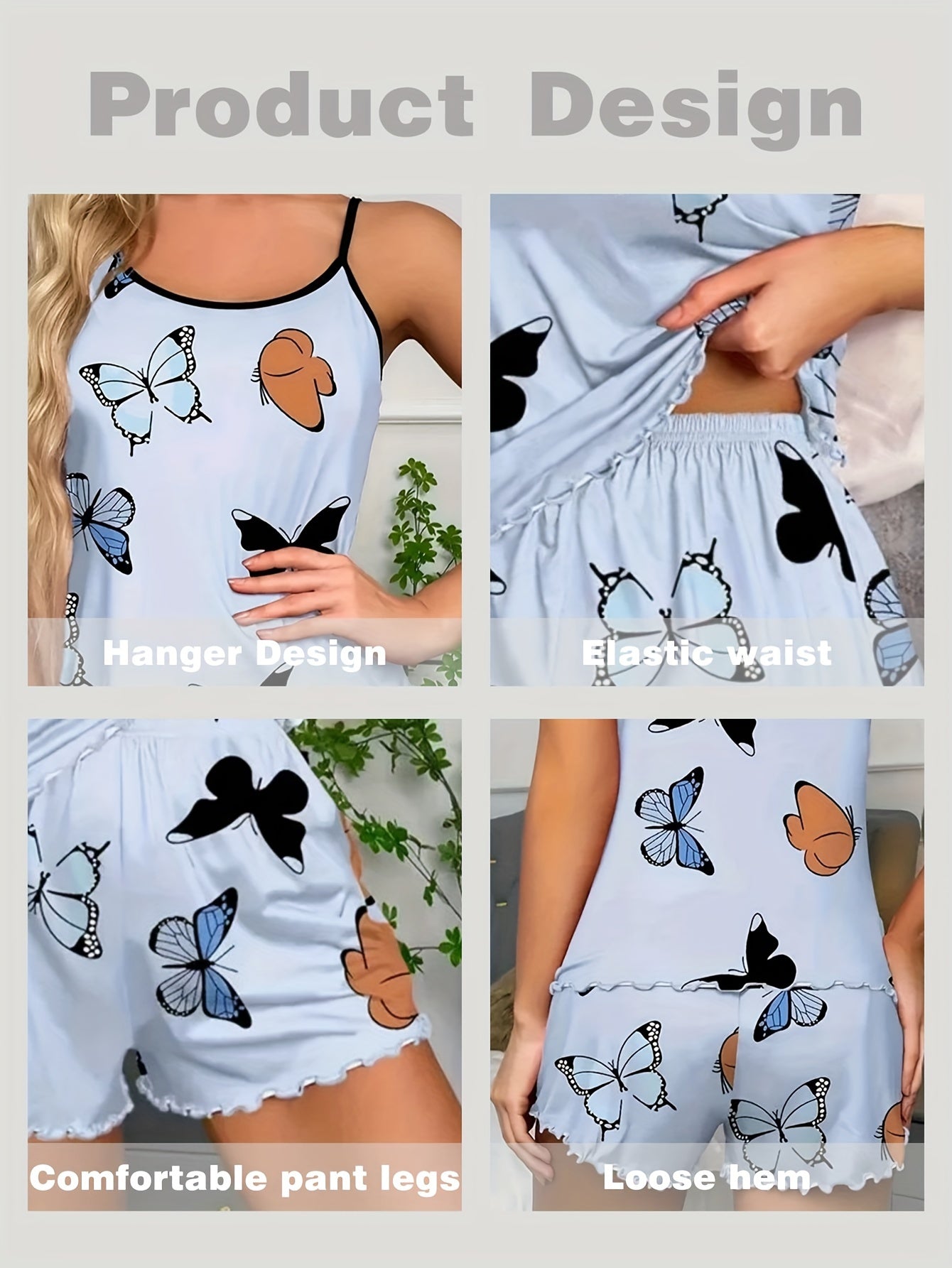 Casual Butterfly Print Lettuce Trim Pajama Set, Round Neck Backless Cami Top & Elastic Shorts, Women's Sleepwear & Loungewear