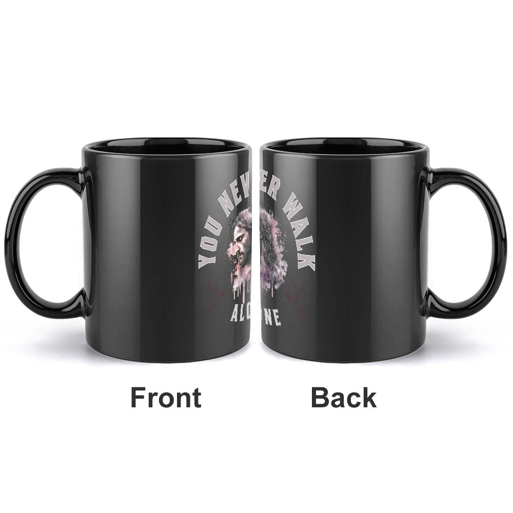 Black Mug "You Never Walk Alone" With Jesus´Face