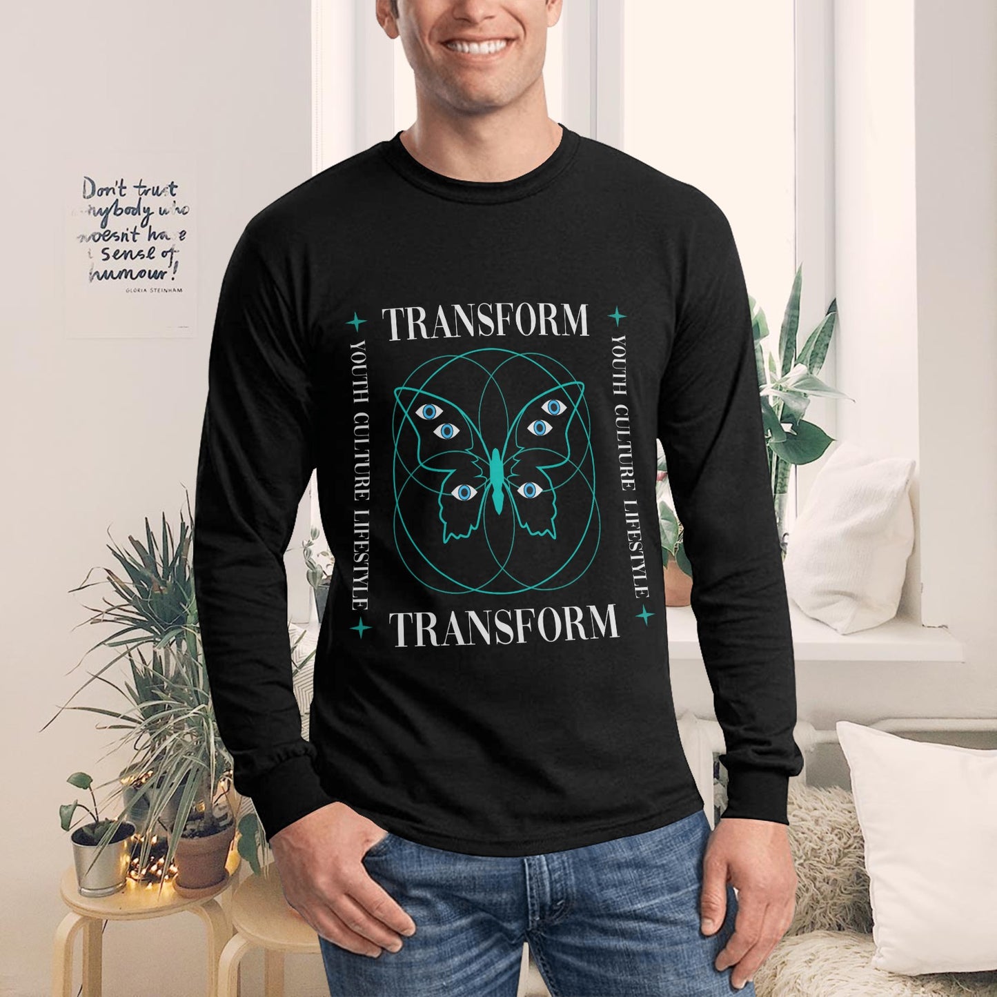 Metamorphosis in Style: Men's Black Long Sleeve T-Shirt with Butterfly Design - Transform