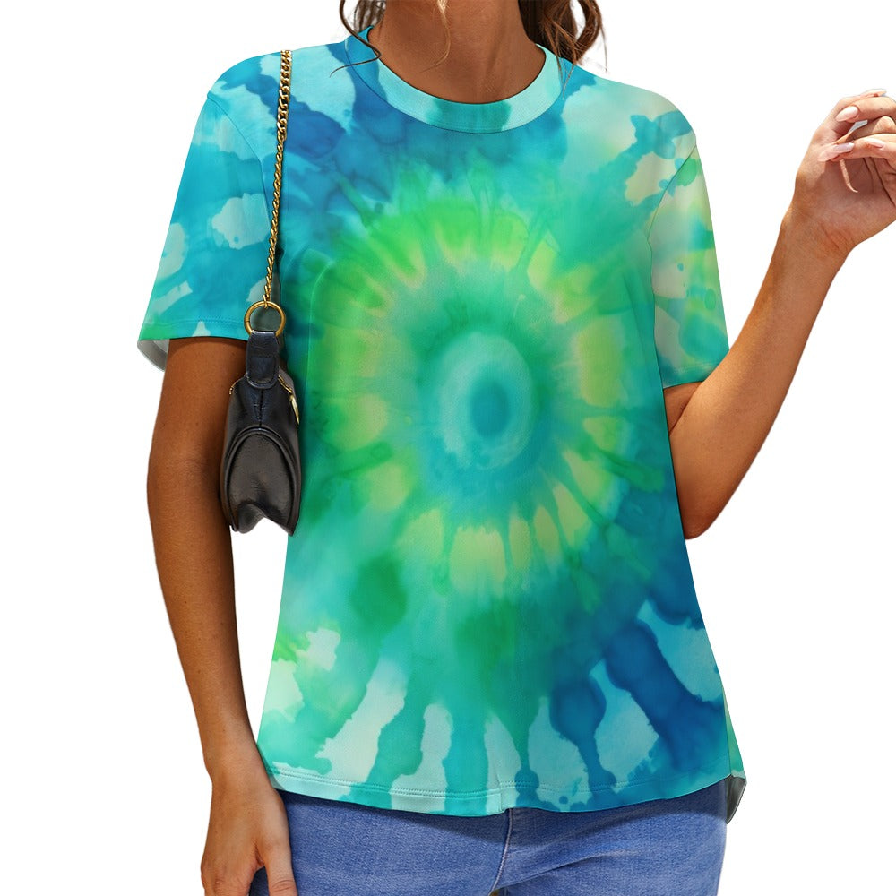 Women's Fully Print T-Shirt Blue and Green Tie-Dye