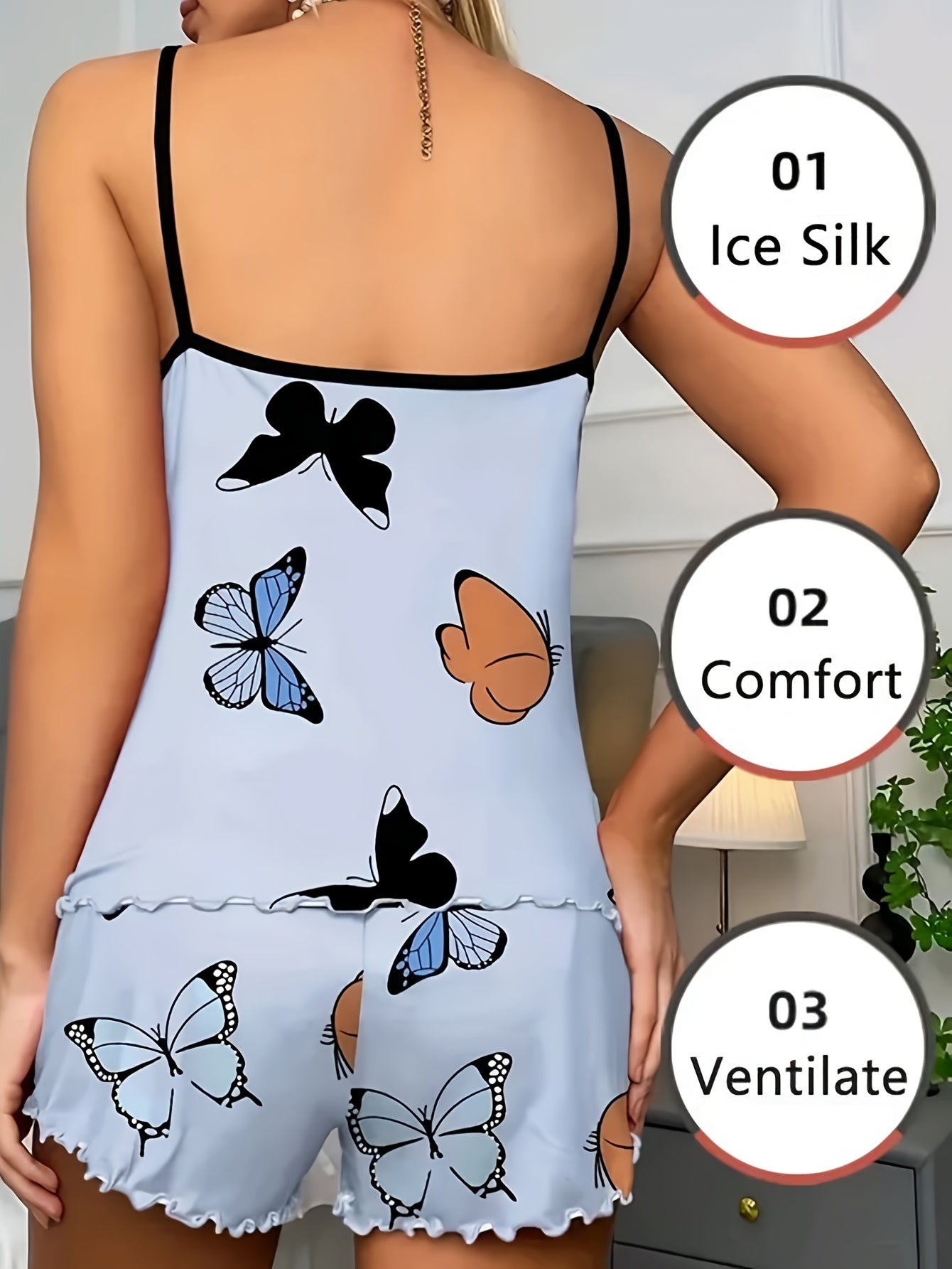 Casual Butterfly Print Lettuce Trim Pajama Set, Round Neck Backless Cami Top & Elastic Shorts, Women's Sleepwear & Loungewear