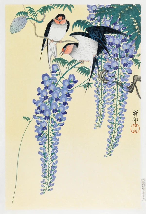 Swallows and Wisteria (1926) by Ohara Koson (1877-1945). Original from The Rijksmuseum Digital Download