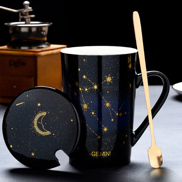 12 Constellations Creative Mugs With Golden Spoon and Lid in White, Dark Blue and Black 420 ml