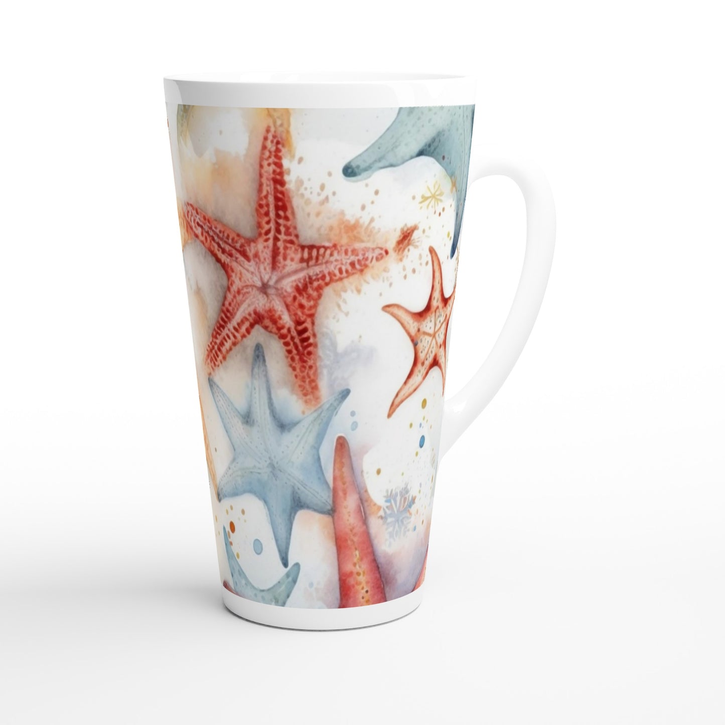 White Latte 17oz Ceramic Mug "Starfish" Summer Holidays at the beach Watercolour Design