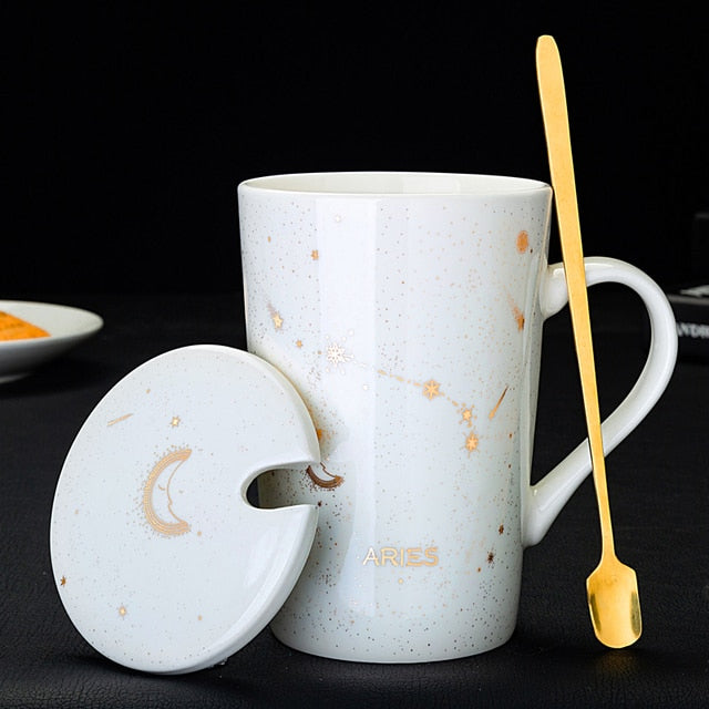 12 Constellations Creative Mugs With Golden Spoon and Lid in White, Dark Blue and Black 420 ml