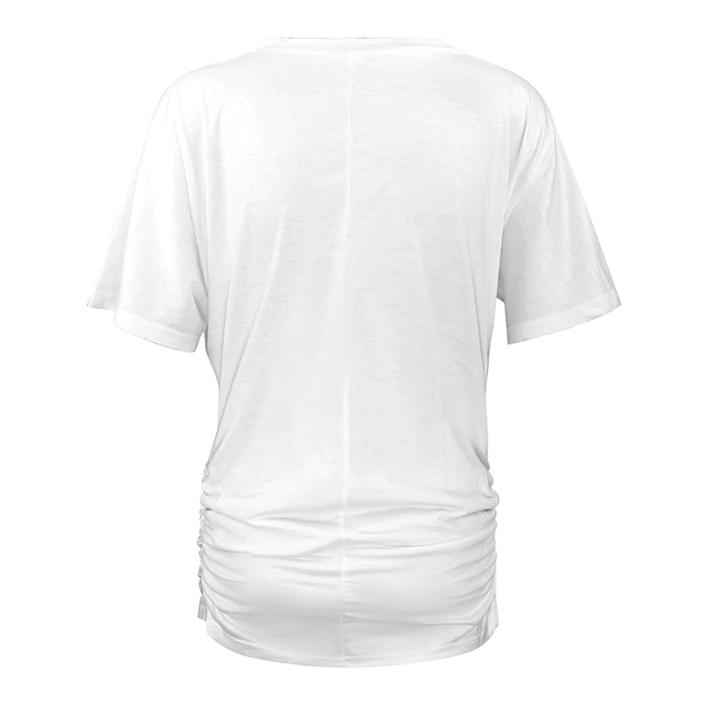 V-Neck Pleated  White T-Shirt for Women with Horse Design