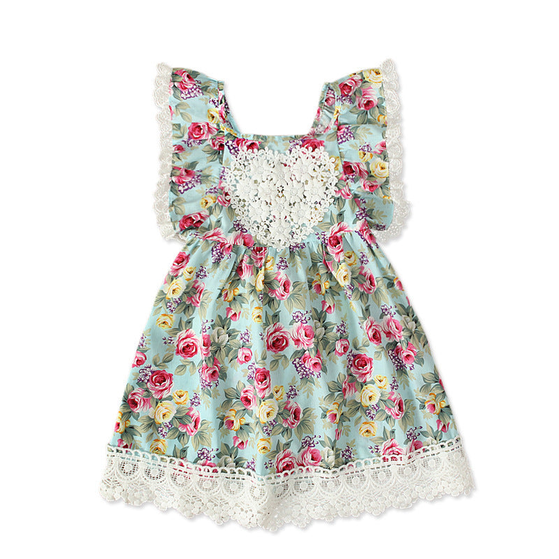 Girls Summer Flying Sleeve Off-shoulder Broken Flowers Print Lace Dress Children's Clothing