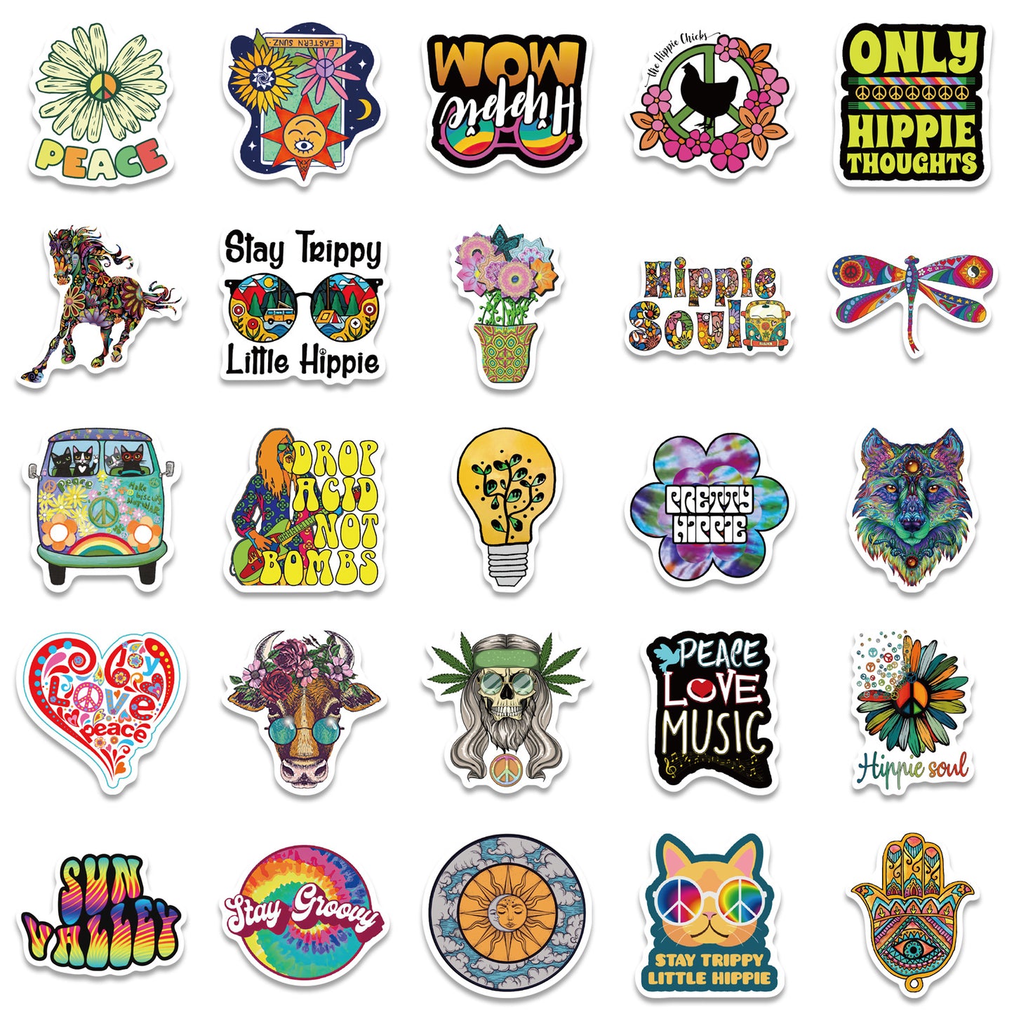 50 Cartoon Hippie Stickers Personalized Decoration Line