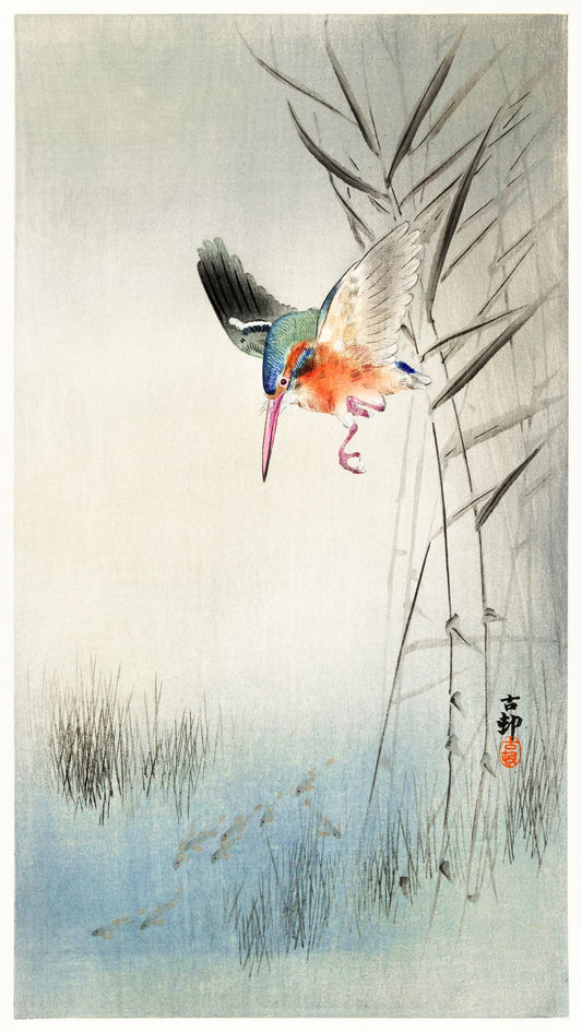 Kingfisher hunting for fish in the water (1900) by Ohara Koson (1877-1945). Original from The Rijksmuseum