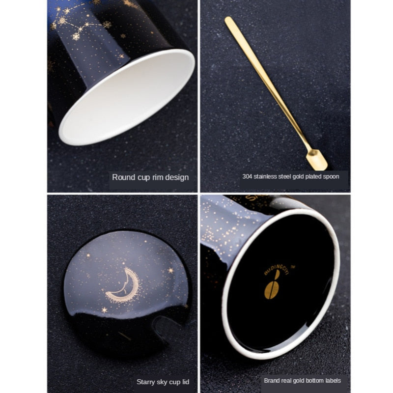 12 Constellations Creative Mugs With Golden Spoon and Lid in White, Dark Blue and Black 420 ml